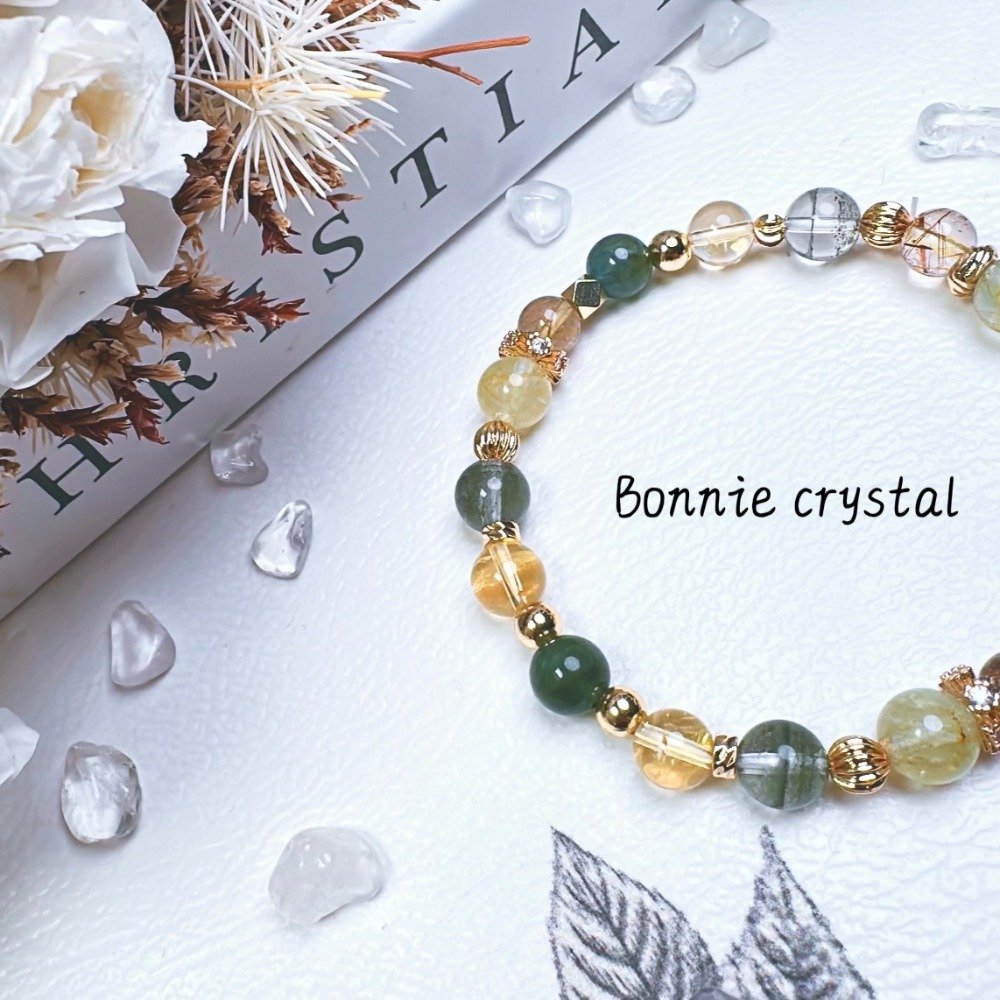 ✨✨ 初芽設計水晶手鍊✨✨綠磷灰、綠幽靈、桂花托帕石、黃水晶、金髮晶-細節圖5