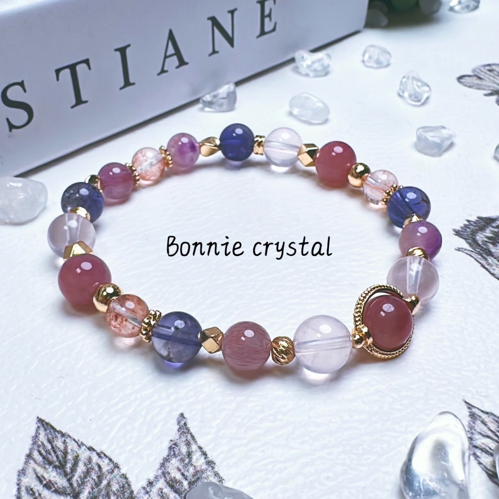 ✨✨ 紫莓設計水晶手鍊✨✨紫馬粉、粉晶、粉紫超七、菫青石、粉膠花-細節圖3