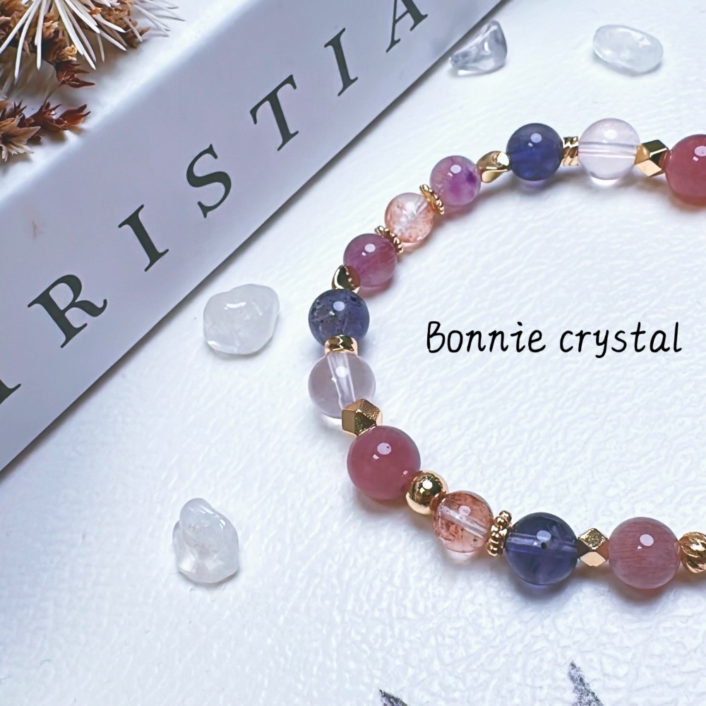 ✨✨ 紫莓設計水晶手鍊✨✨紫馬粉、粉晶、粉紫超七、菫青石、粉膠花-細節圖4
