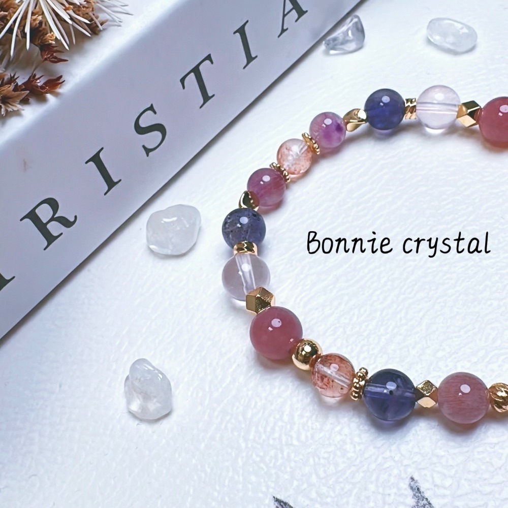 ✨✨ 紫莓設計水晶手鍊✨✨紫馬粉、粉晶、粉紫超七、菫青石、粉膠花-細節圖4