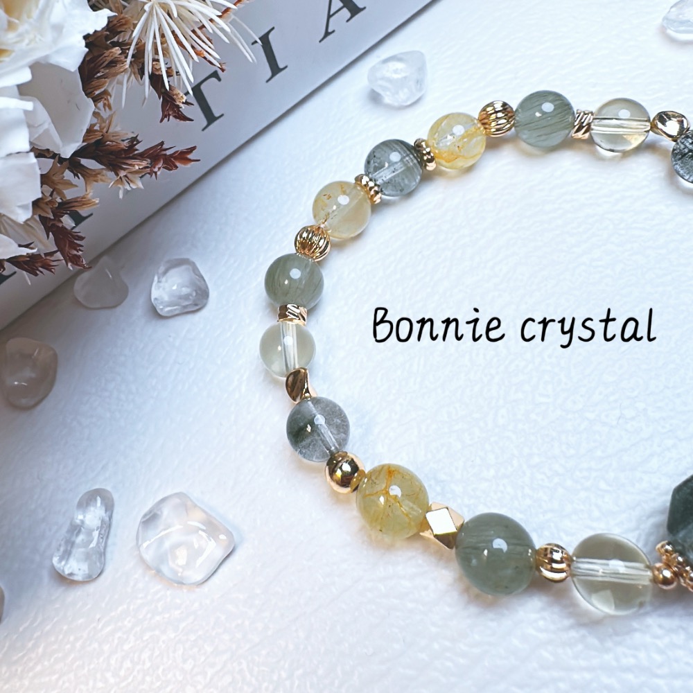 ✨✨ 翠野設計水晶手鍊✨✨-綠幽靈、桂花托帕石、綠髮晶、鑽切綠幽靈、檸檬黃水晶-細節圖3