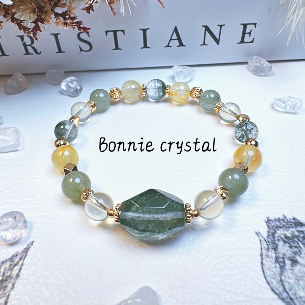 ✨✨ 翠野設計水晶手鍊✨✨-綠幽靈、桂花托帕石、綠髮晶、鑽切綠幽靈、檸檬黃水晶-細節圖2