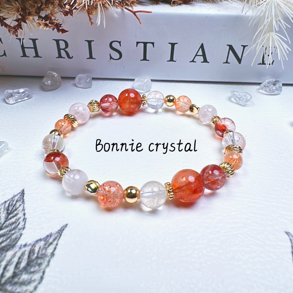 ✨✨ 夕橙設計水晶手鍊✨✨紅膠花、雪花幽靈、透體金太陽、粉阿賽-細節圖2