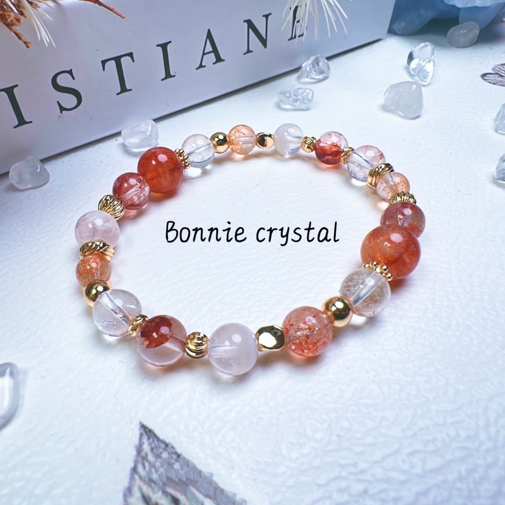 ✨✨ 夕橙設計水晶手鍊✨✨紅膠花、雪花幽靈、透體金太陽、粉阿賽-細節圖3