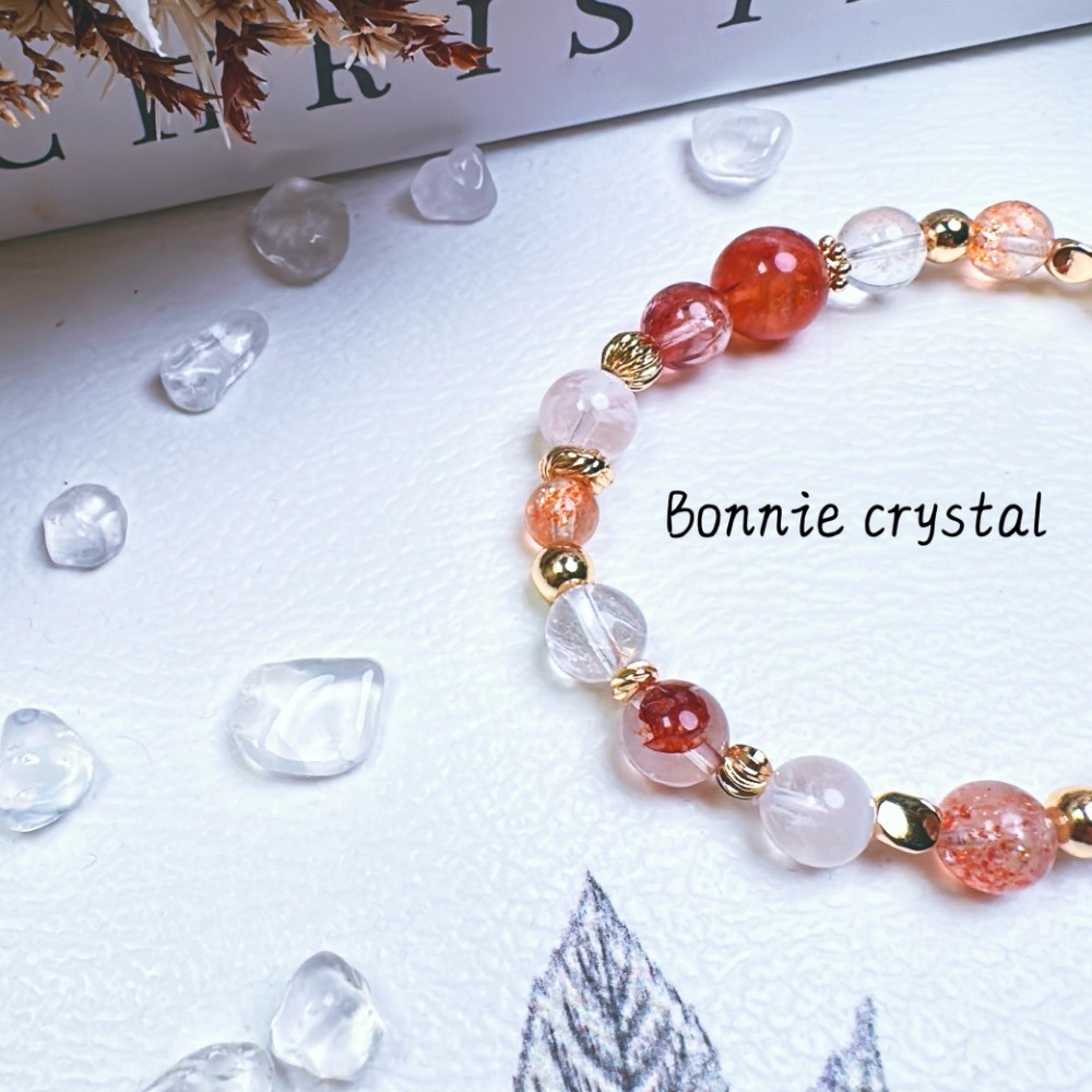 ✨✨ 夕橙設計水晶手鍊✨✨紅膠花、雪花幽靈、透體金太陽、粉阿賽-細節圖4