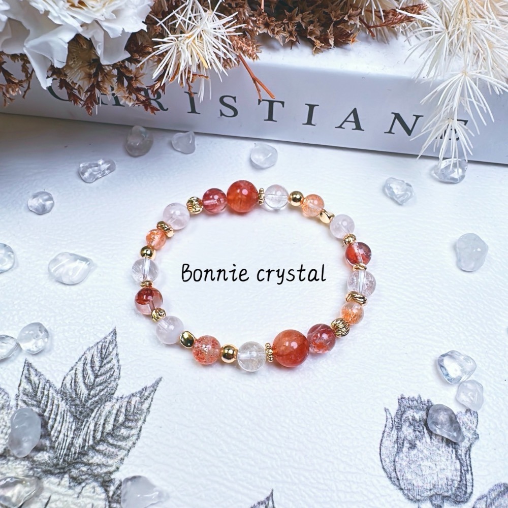✨✨ 夕橙設計水晶手鍊✨✨紅膠花、雪花幽靈、透體金太陽、粉阿賽-細節圖5