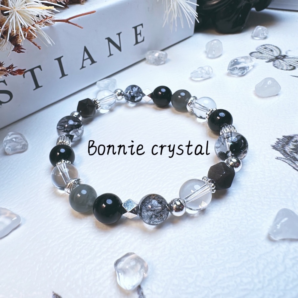✨✨ 墨灰設計水晶手鍊✨✨閃靈鑽、灰兔毛、黑碧璽、鑽切銀曜石、白水晶-細節圖2