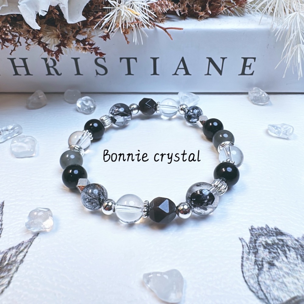 ✨✨ 墨灰設計水晶手鍊✨✨閃靈鑽、灰兔毛、黑碧璽、鑽切銀曜石、白水晶-細節圖3