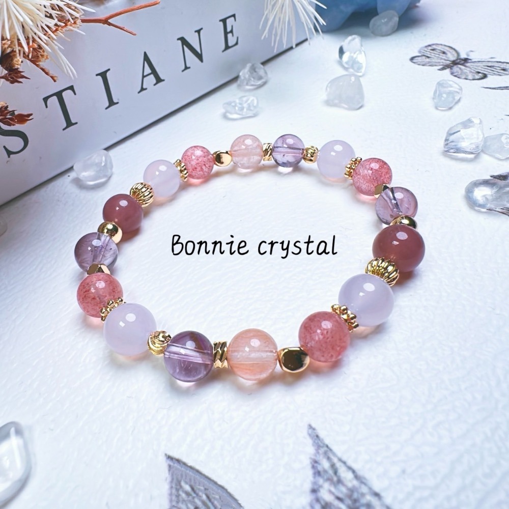 ✨✨ 紫羅蘭設計水晶手鍊✨✨紫水晶、草莓晶、紫馬粉、紫玉髓、粉兔毛-細節圖3