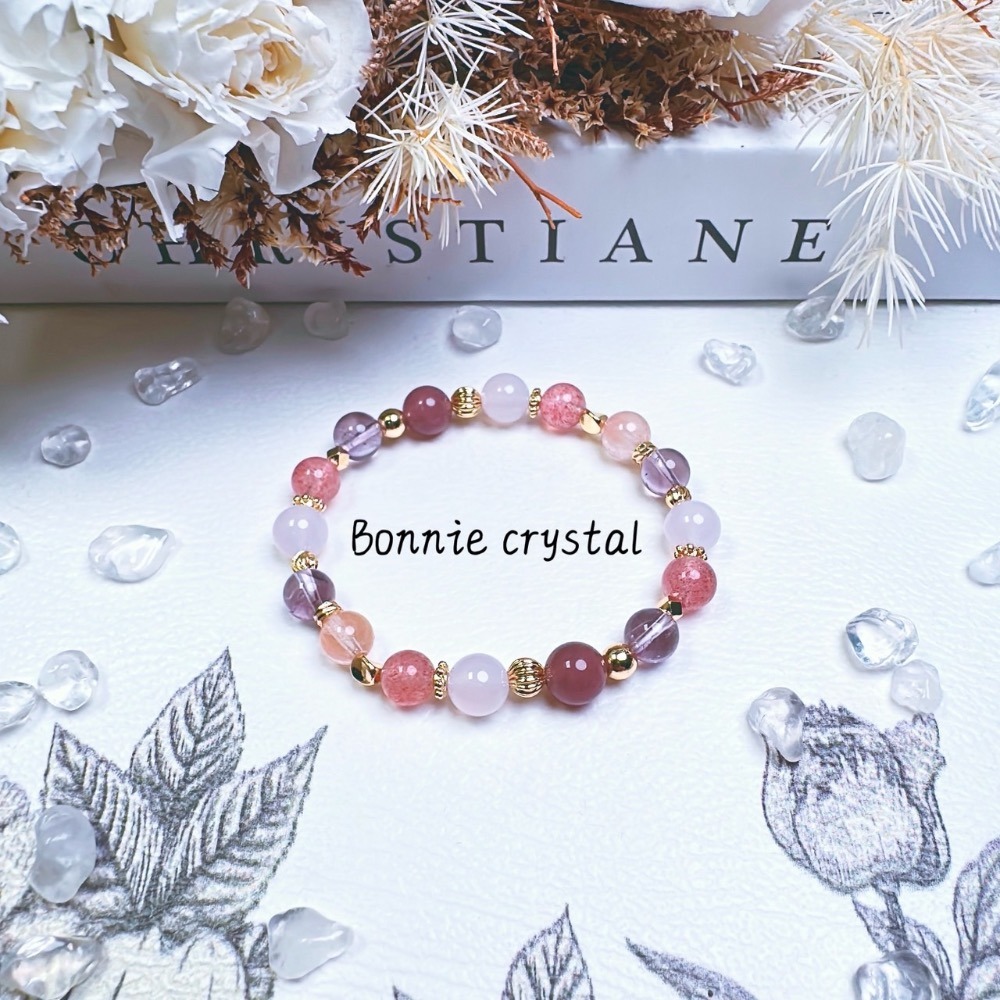 ✨✨ 紫羅蘭設計水晶手鍊✨✨紫水晶、草莓晶、紫馬粉、紫玉髓、粉兔毛-細節圖5