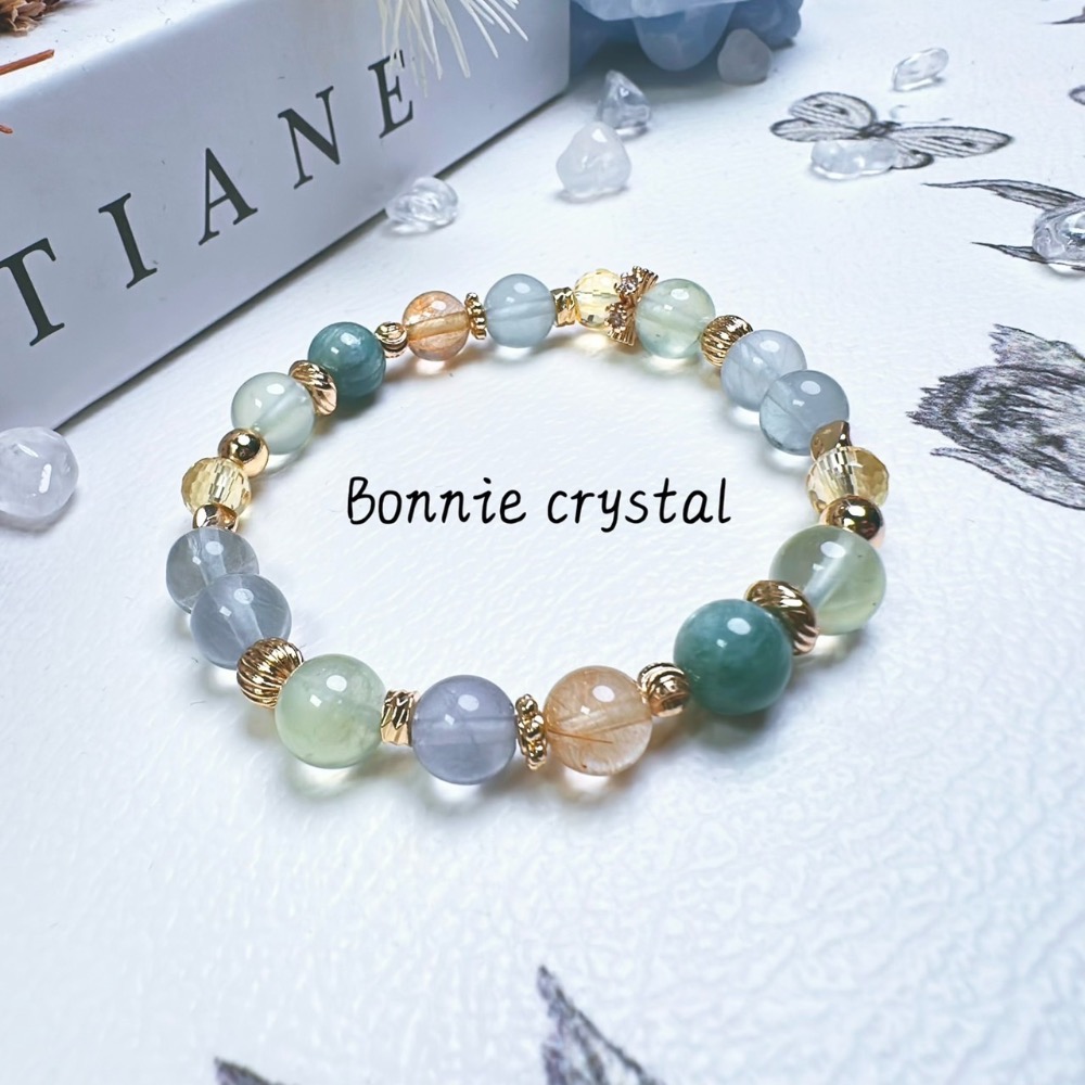 ✨✨ 微光中的森林設計水晶手鍊✨✨藍綠晶、綠葡萄石、螢石、金髮晶、鑽切黃水晶-細節圖2