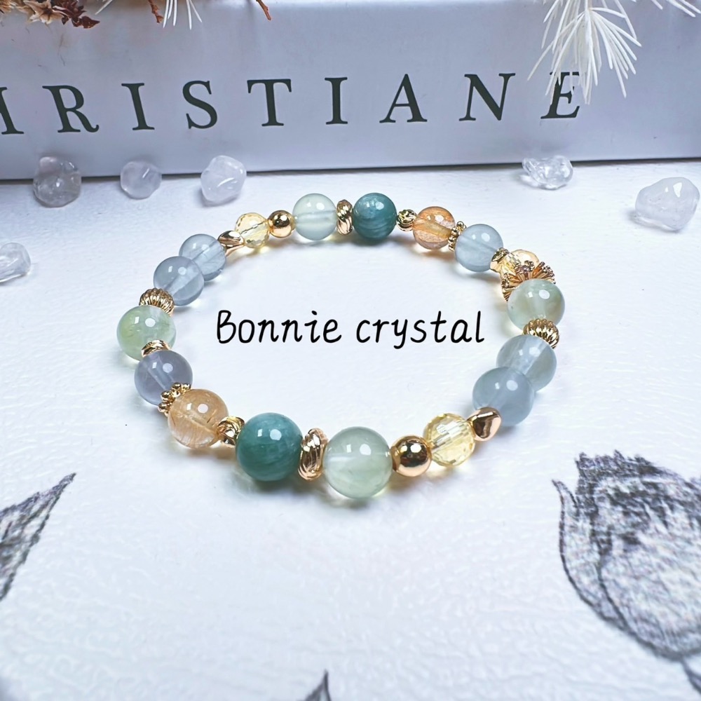 ✨✨ 微光中的森林設計水晶手鍊✨✨藍綠晶、綠葡萄石、螢石、金髮晶、鑽切黃水晶-細節圖3