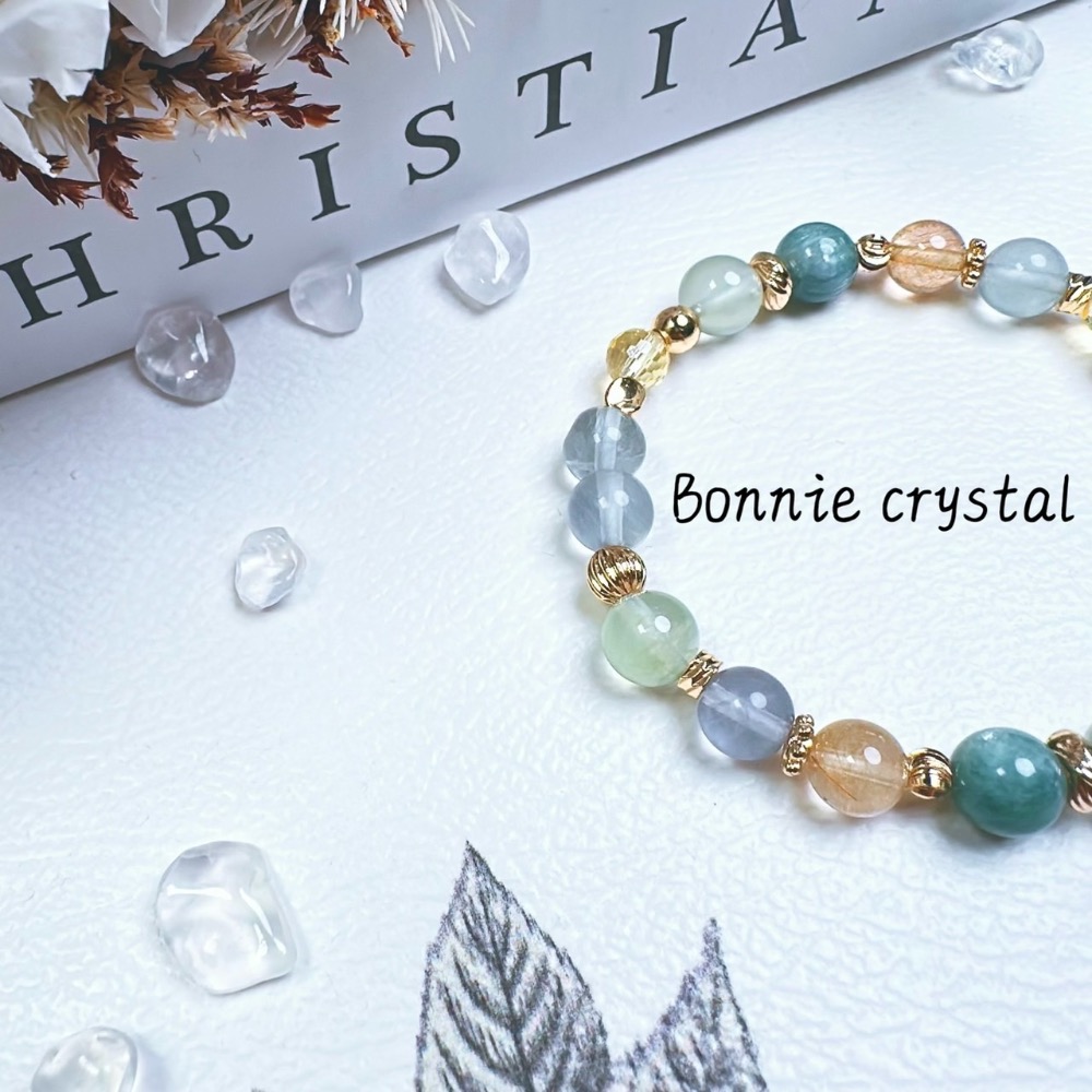 ✨✨ 微光中的森林設計水晶手鍊✨✨藍綠晶、綠葡萄石、螢石、金髮晶、鑽切黃水晶-細節圖4