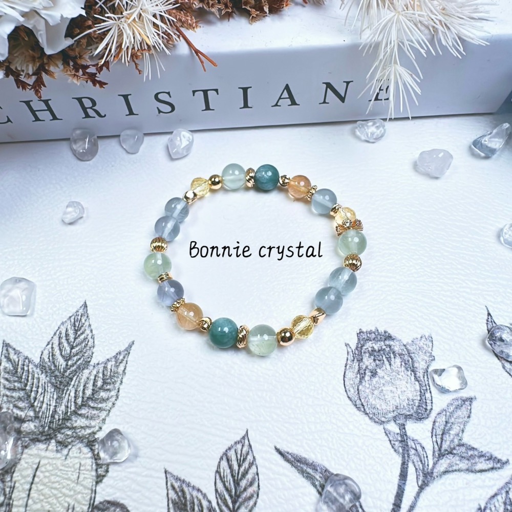 ✨✨ 微光中的森林設計水晶手鍊✨✨藍綠晶、綠葡萄石、螢石、金髮晶、鑽切黃水晶-細節圖5