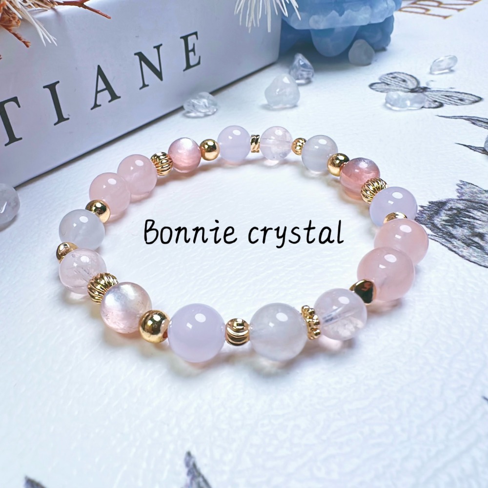 ✨✨ 霧粉甜心設計水晶手鍊✨✨粉晶、粉鋰雲母、紫玉髓、白兔毛、雪花幽靈-細節圖3