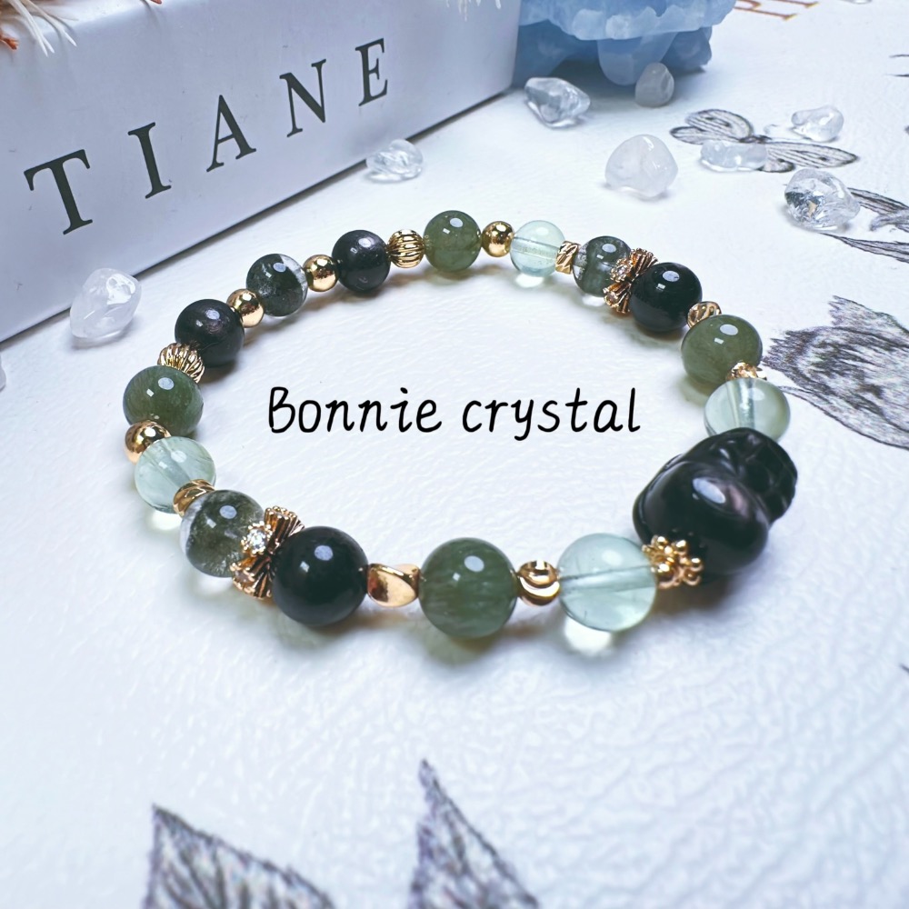 ✨✨ 森霧設計水晶手鍊✨✨金運石貔貅、綠螢石、綠髮晶、金運石、綠幽靈-細節圖3