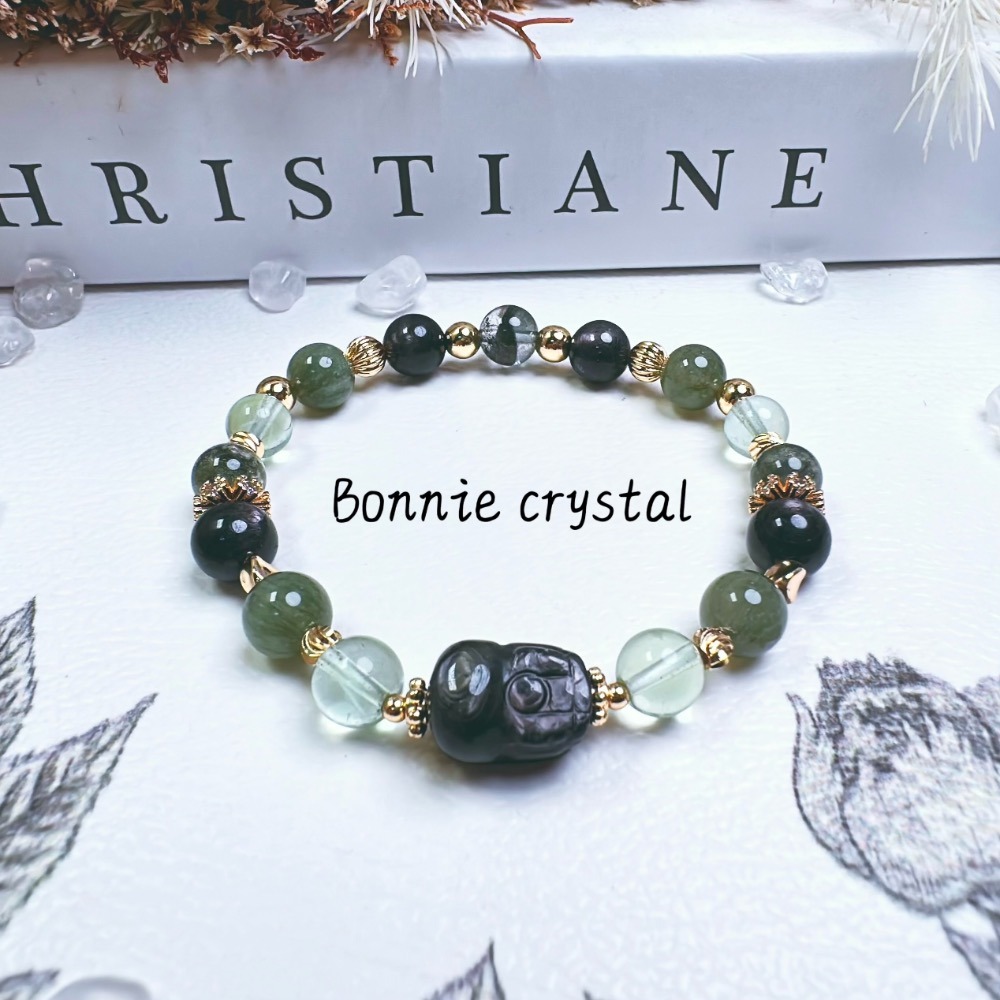✨✨ 森霧設計水晶手鍊✨✨金運石貔貅、綠螢石、綠髮晶、金運石、綠幽靈-細節圖2