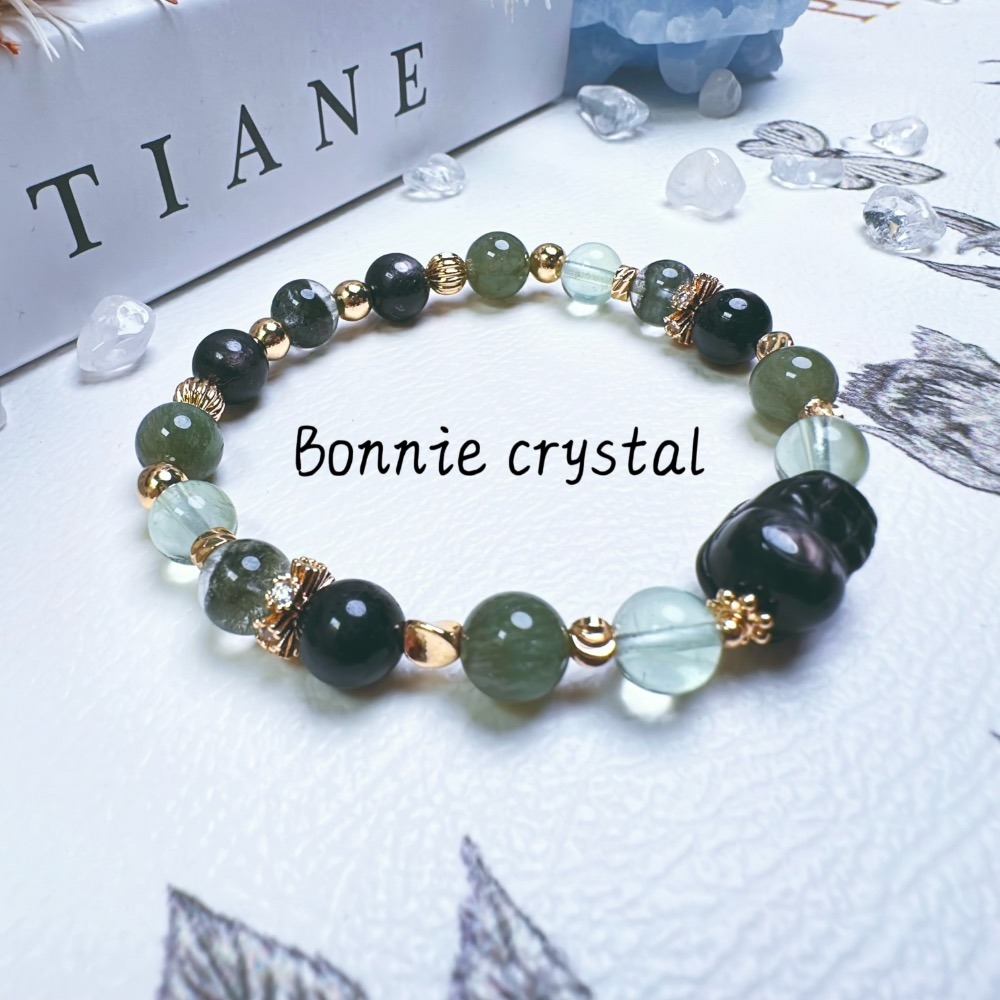 ✨✨ 森霧設計水晶手鍊✨✨金運石貔貅、綠螢石、綠髮晶、金運石、綠幽靈-細節圖3