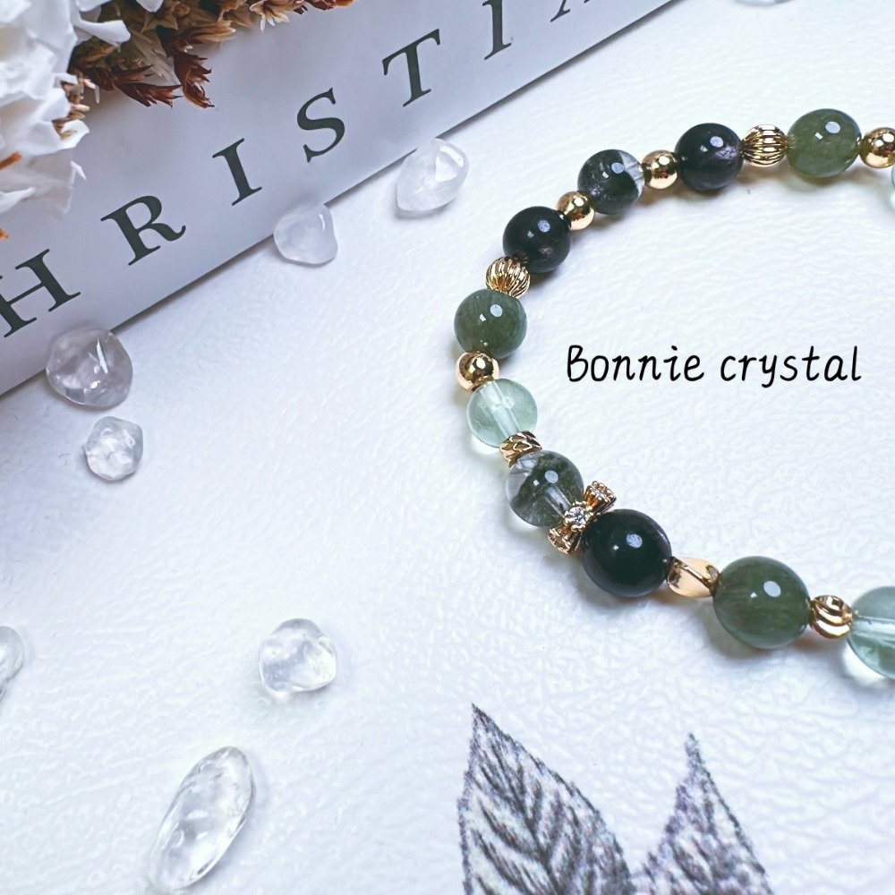 ✨✨ 森霧設計水晶手鍊✨✨金運石貔貅、綠螢石、綠髮晶、金運石、綠幽靈-細節圖4