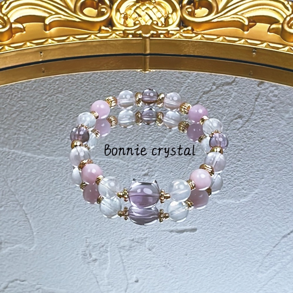 ✨✨ 柔光心語設計水晶手鍊✨✨紫水晶貓頭、紫鋰輝、紫水晶、粉晶、藍針石-細節圖2
