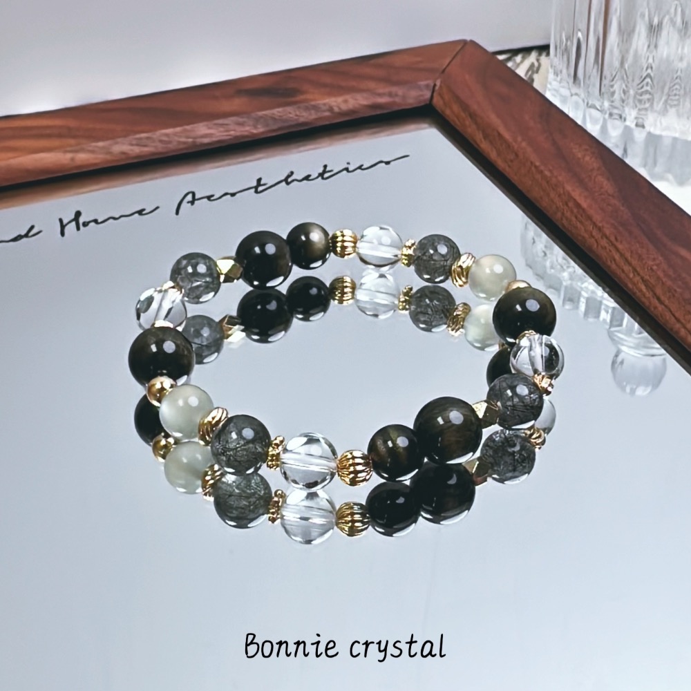 ✨✨ 暗影之森設計水晶手鍊✨✨金曜石、黑髮晶、銀月光、白水晶-細節圖2
