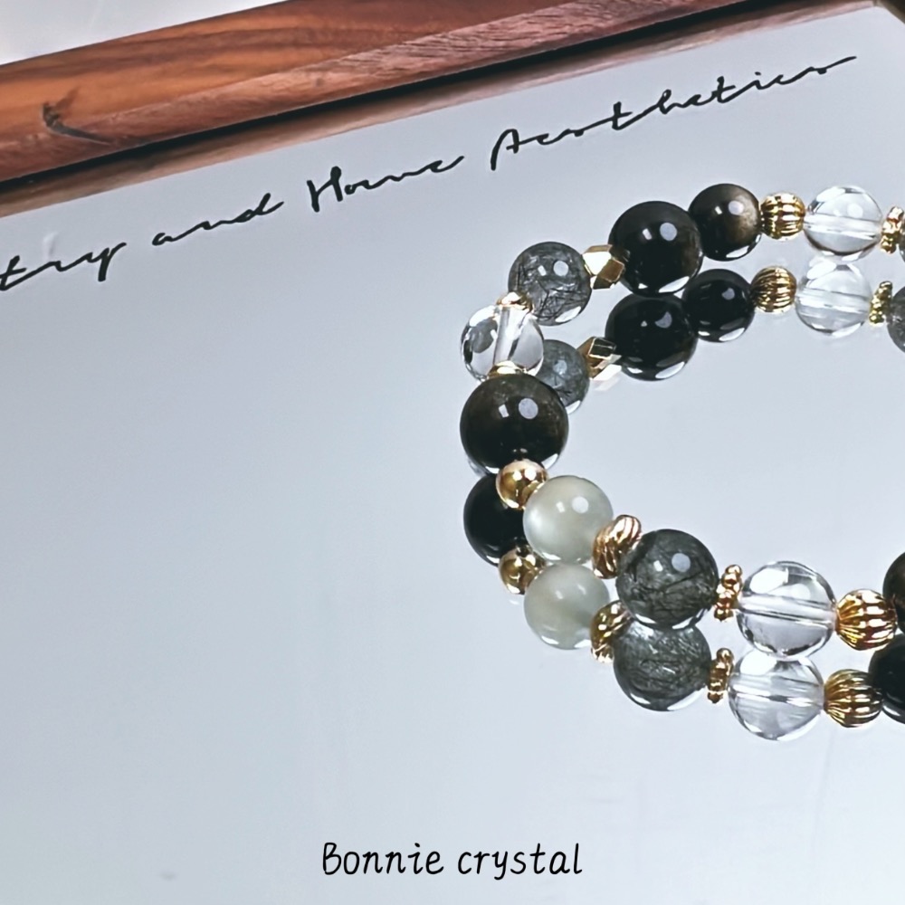✨✨ 暗影之森設計水晶手鍊✨✨金曜石、黑髮晶、銀月光、白水晶-細節圖3