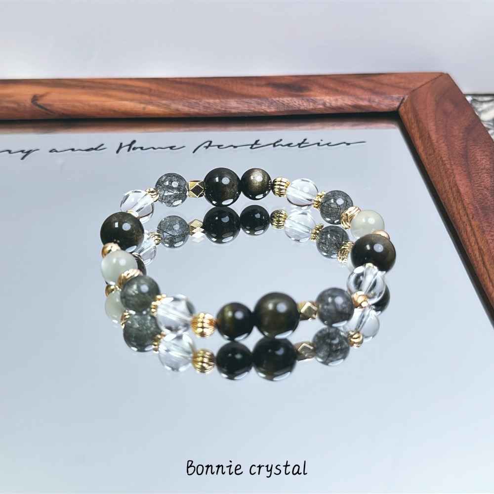 ✨✨ 暗影之森設計水晶手鍊✨✨金曜石、黑髮晶、銀月光、白水晶-細節圖4
