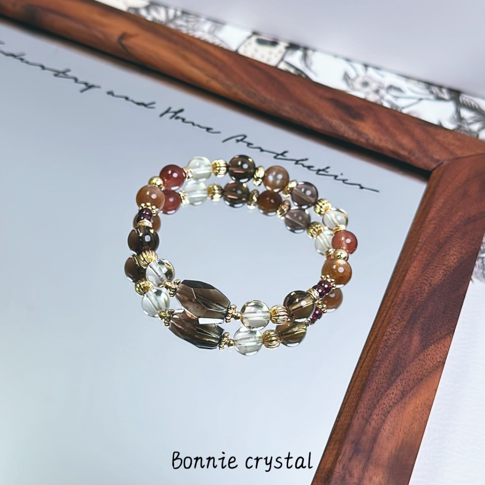 ✨✨ 金糖暖暖設計水晶手鍊✨✨鑽切茶晶、紅兔毛、檸檬黃水晶、茶晶、黑金骨幹石-細節圖2