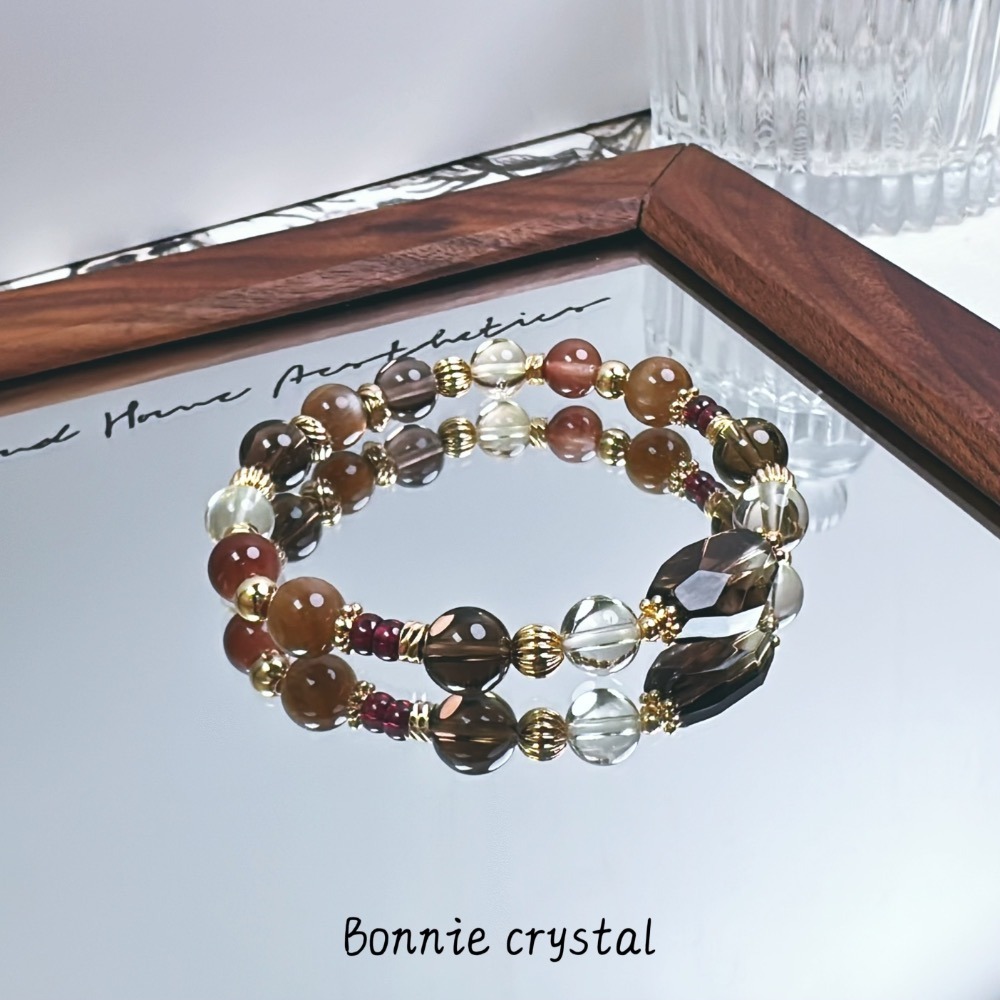 ✨✨ 金糖暖暖設計水晶手鍊✨✨鑽切茶晶、紅兔毛、檸檬黃水晶、茶晶、黑金骨幹石-細節圖3