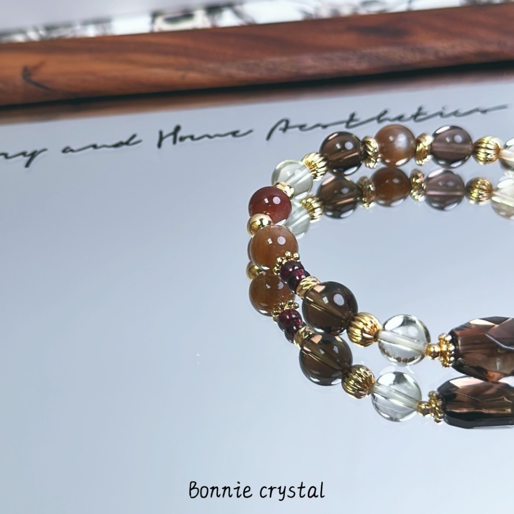 ✨✨ 金糖暖暖設計水晶手鍊✨✨鑽切茶晶、紅兔毛、檸檬黃水晶、茶晶、黑金骨幹石-細節圖4