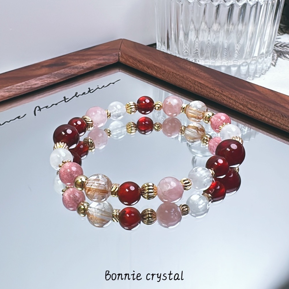 ✨✨ 綻放玫瑰設計水晶手鍊✨✨紅石榴石、粉祖母晶、草莓晶、金髮晶、白幽靈-細節圖2