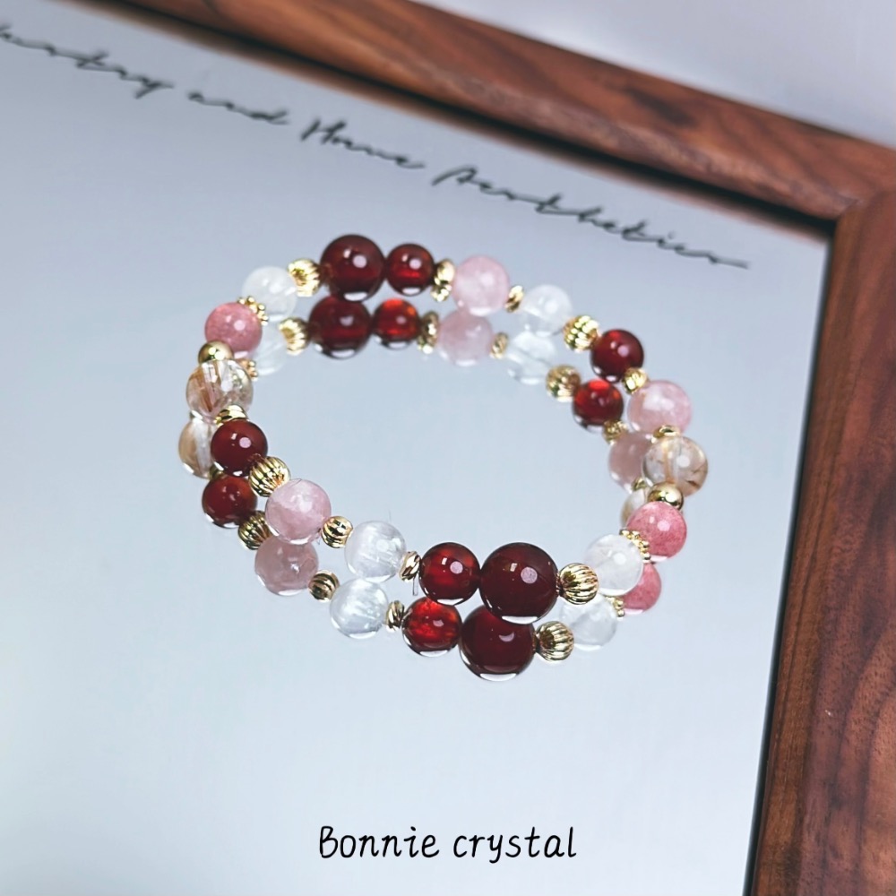 ✨✨ 綻放玫瑰設計水晶手鍊✨✨紅石榴石、粉祖母晶、草莓晶、金髮晶、白幽靈-細節圖3
