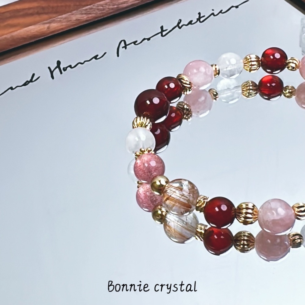 ✨✨ 綻放玫瑰設計水晶手鍊✨✨紅石榴石、粉祖母晶、草莓晶、金髮晶、白幽靈-細節圖4