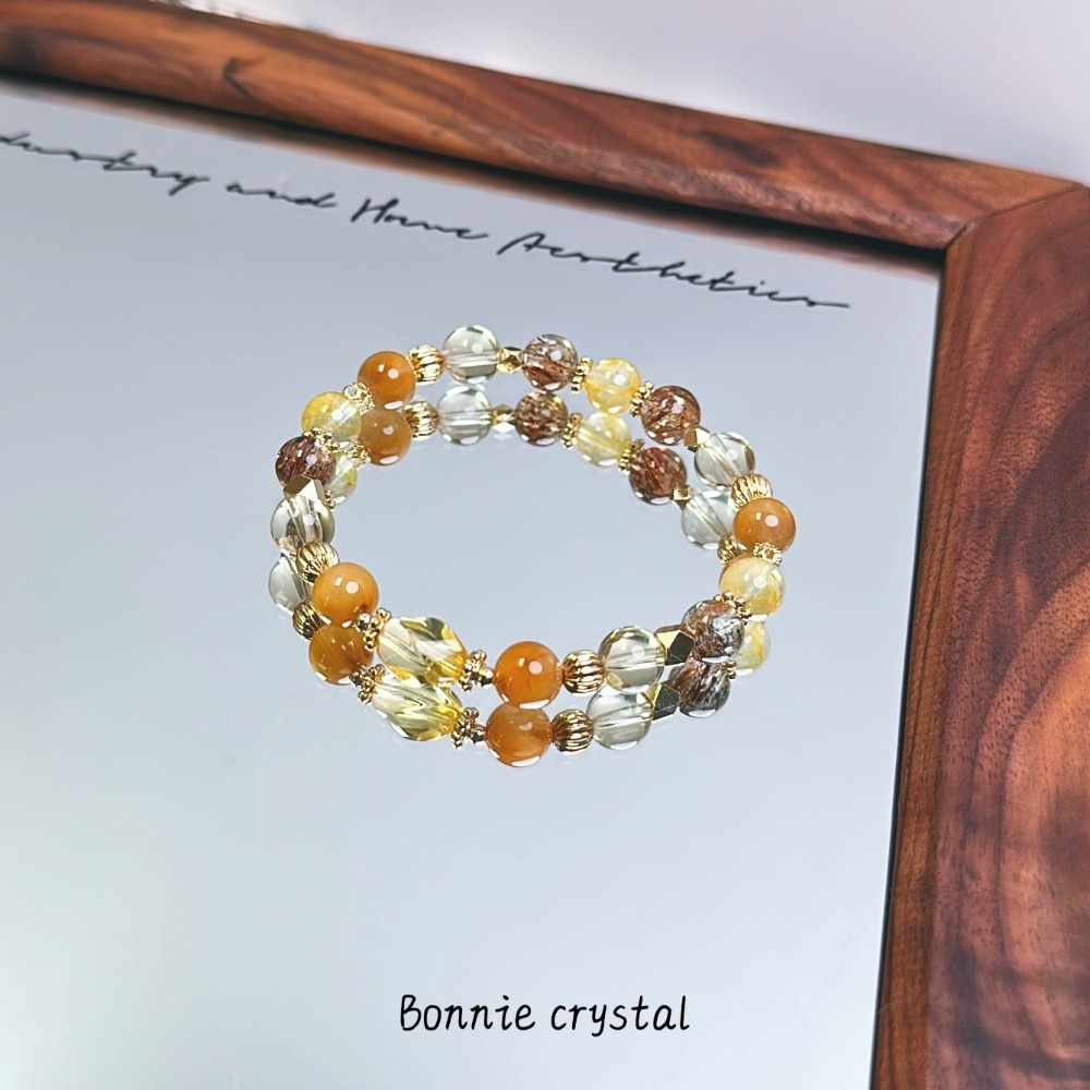 ✨✨ 秋日琥珀設計水晶手鍊✨✨鑽切黃水晶、黑金超、桂花托帕石、黃水晶、黃兔毛-細節圖2