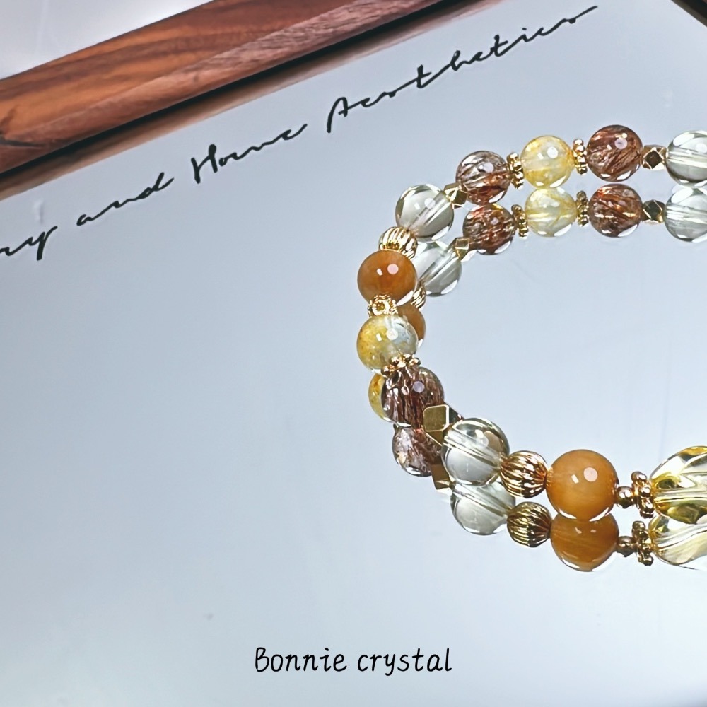 ✨✨ 秋日琥珀設計水晶手鍊✨✨鑽切黃水晶、黑金超、桂花托帕石、黃水晶、黃兔毛-細節圖3