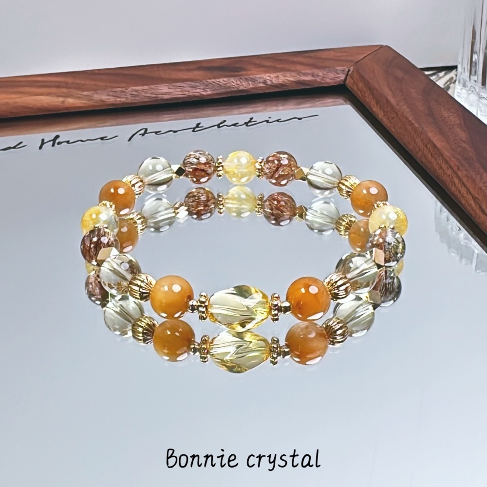 ✨✨ 秋日琥珀設計水晶手鍊✨✨鑽切黃水晶、黑金超、桂花托帕石、黃水晶、黃兔毛-細節圖4