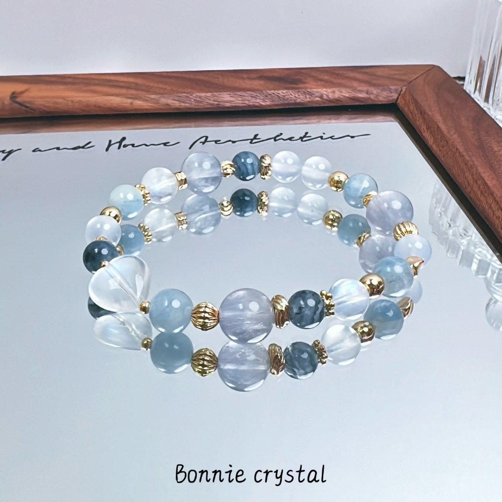 ✨✨ 靜藍之心設計水晶手鍊✨✨藍月光愛心、藍幽靈、藍玉髓、藍晶石、拉絲藍螢石、藍月光-細節圖2