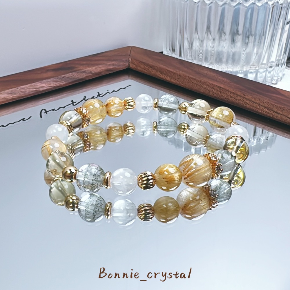 ✨✨暖金設計水晶手鍊✨✨鈦晶、綠幽靈、黃水晶、白幽靈-細節圖2