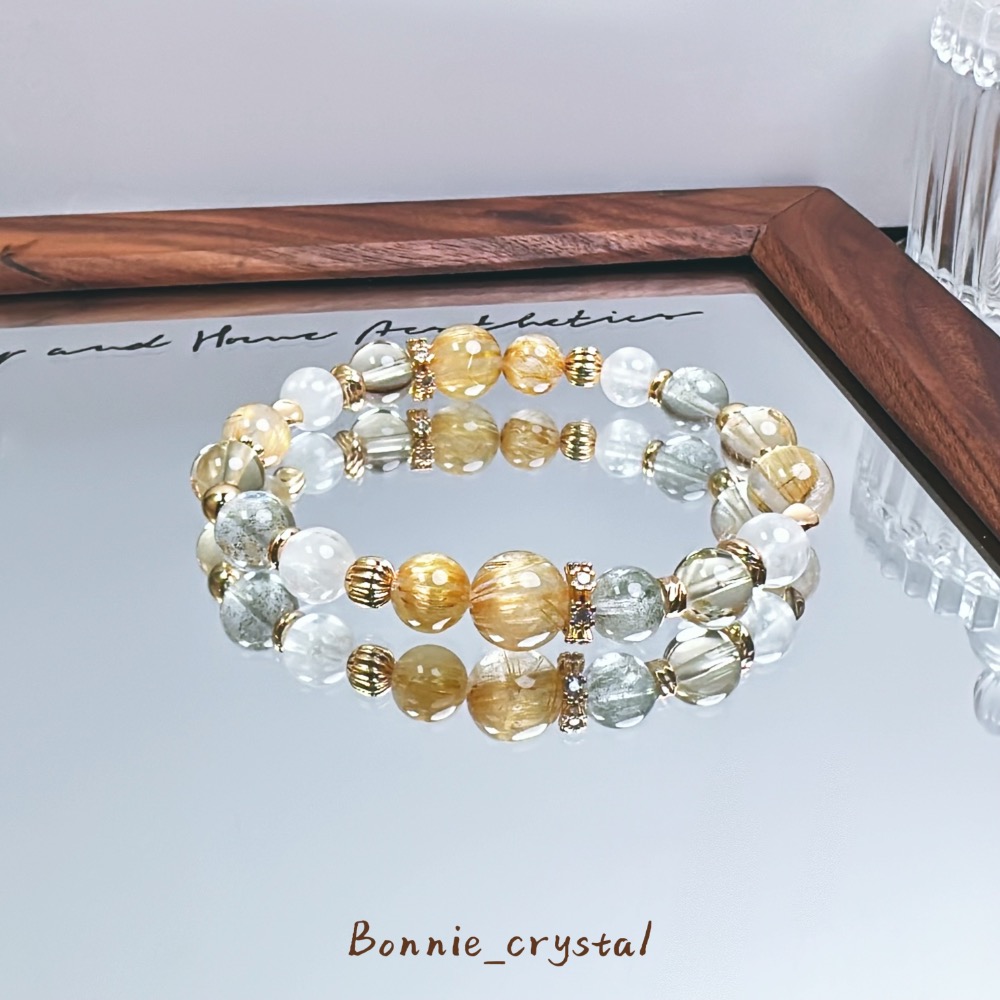 ✨✨暖金設計水晶手鍊✨✨鈦晶、綠幽靈、黃水晶、白幽靈-細節圖4