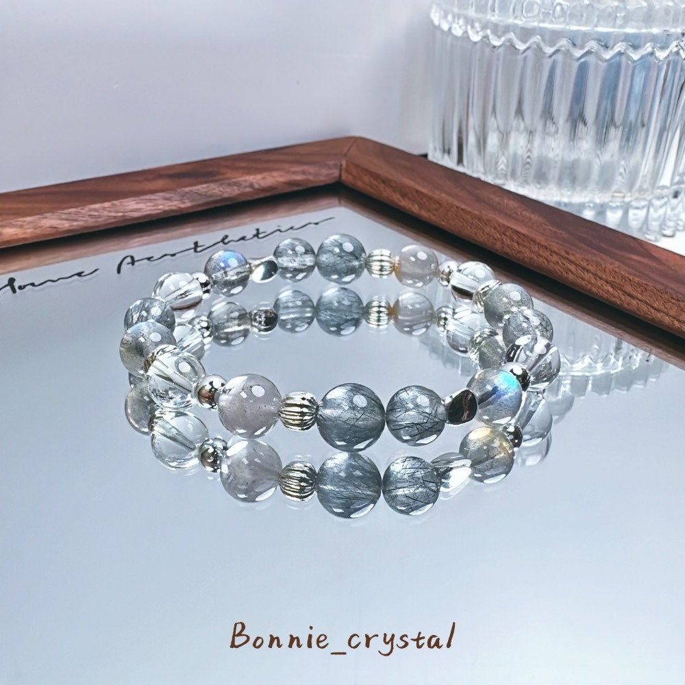 ✨✨星辰灰設計水晶手鍊✨✨藍髮晶、灰拉長石、灰藍幽靈｜白水晶-細節圖2