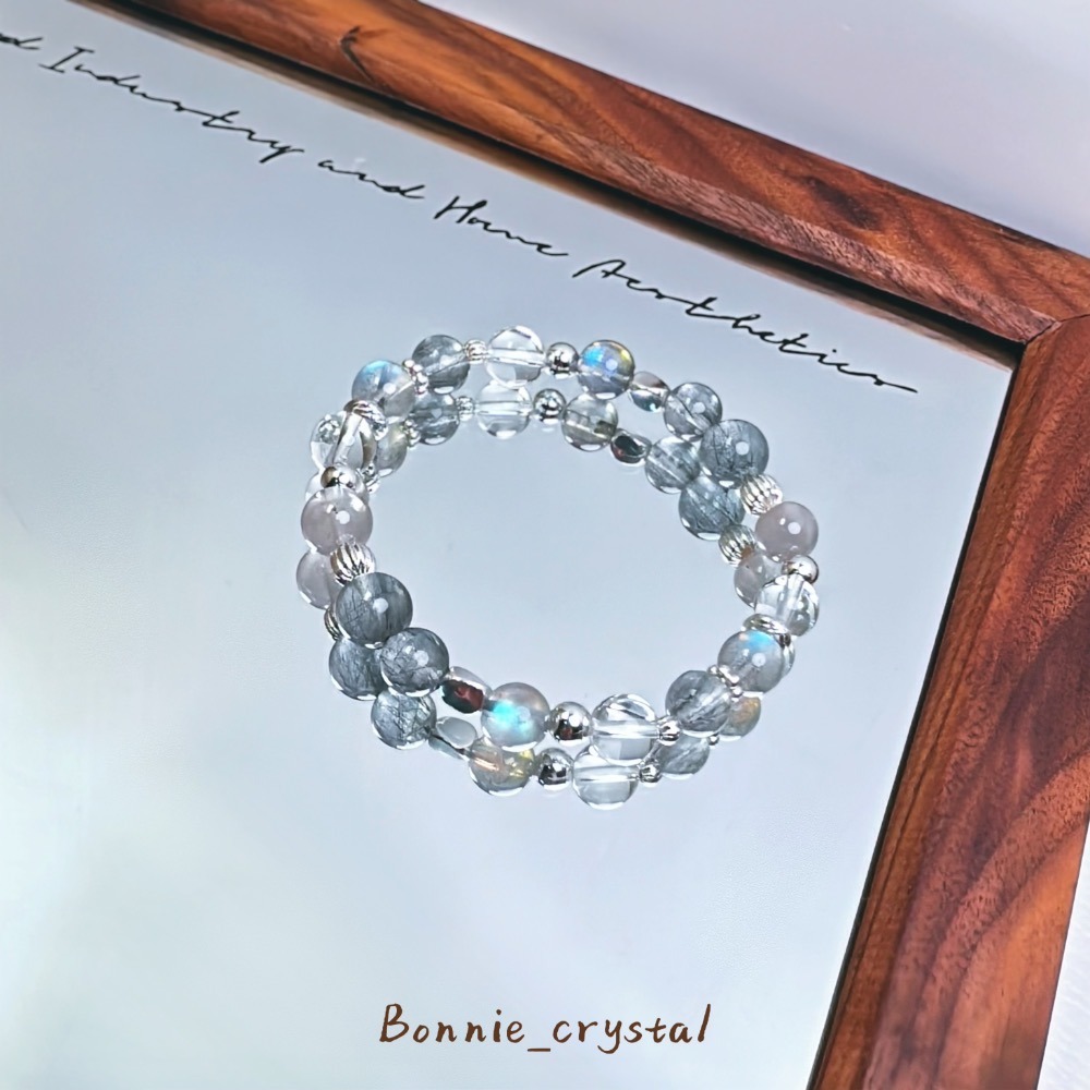 ✨✨星辰灰設計水晶手鍊✨✨藍髮晶、灰拉長石、灰藍幽靈｜白水晶-細節圖3