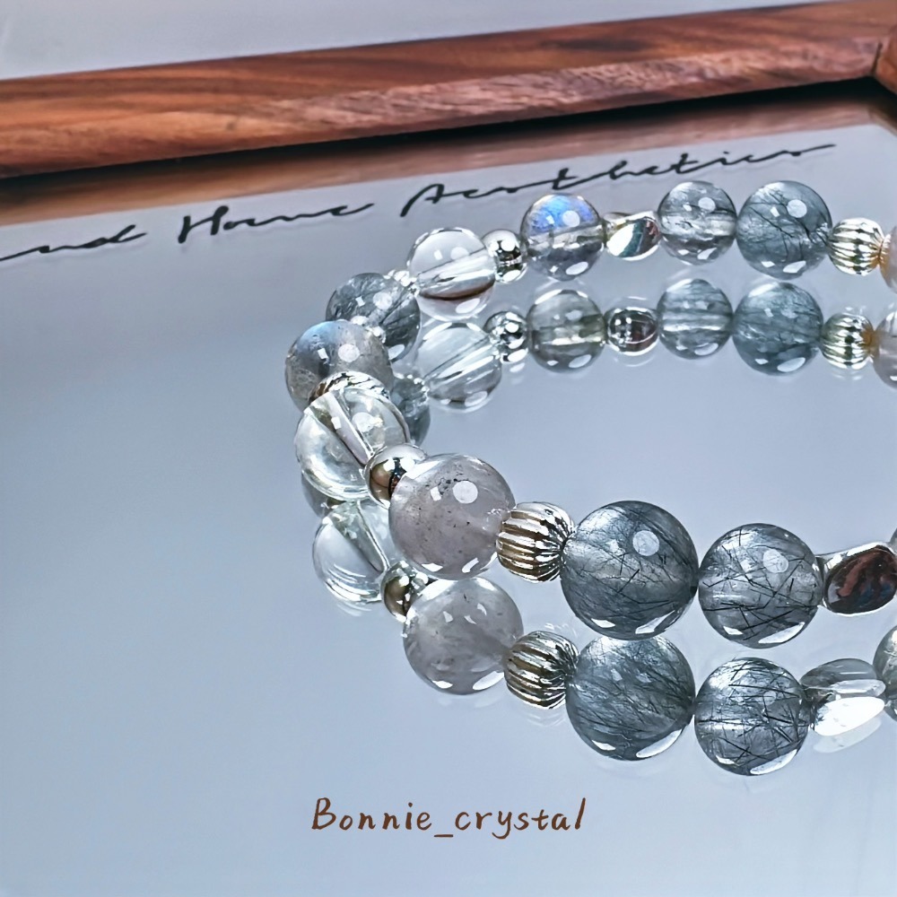 ✨✨星辰灰設計水晶手鍊✨✨藍髮晶、灰拉長石、灰藍幽靈｜白水晶-細節圖4