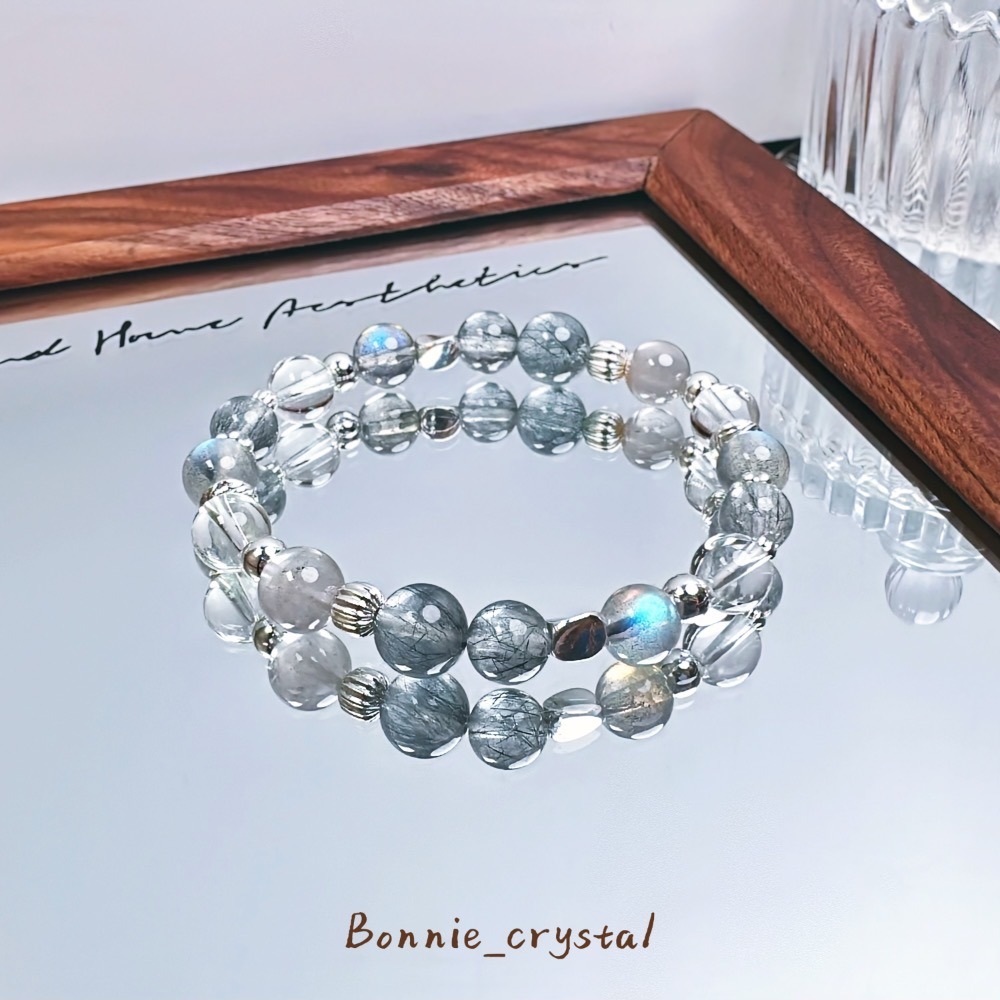 ✨✨星辰灰設計水晶手鍊✨✨藍髮晶、灰拉長石、灰藍幽靈｜白水晶-細節圖5