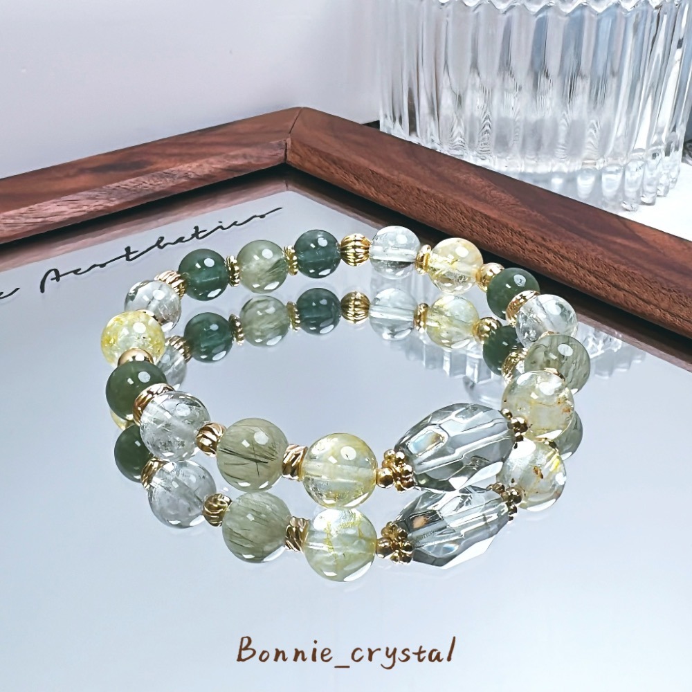 ✨✨靜綠設計水晶手鍊✨✨鑽切綠水晶、桂花托帕石、綠髮晶、綠水晶、綠磷灰-細節圖2