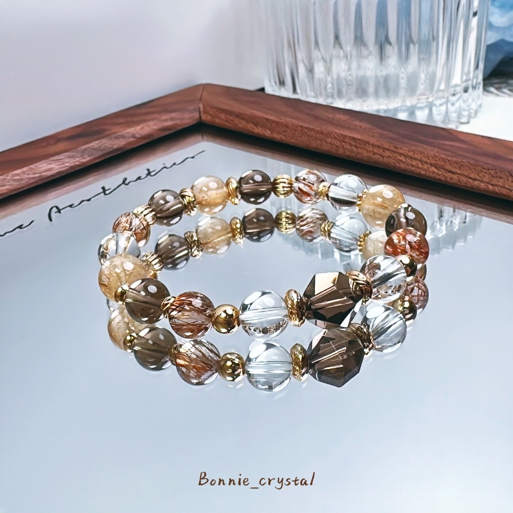 ✨✨夕陽設計水晶手鍊✨✨鑽切茶晶、金髮晶、黑金超、茶晶、白水晶-細節圖2