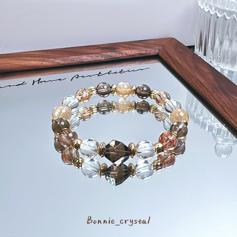 ✨✨夕陽設計水晶手鍊✨✨鑽切茶晶、金髮晶、黑金超、茶晶、白水晶-細節圖3
