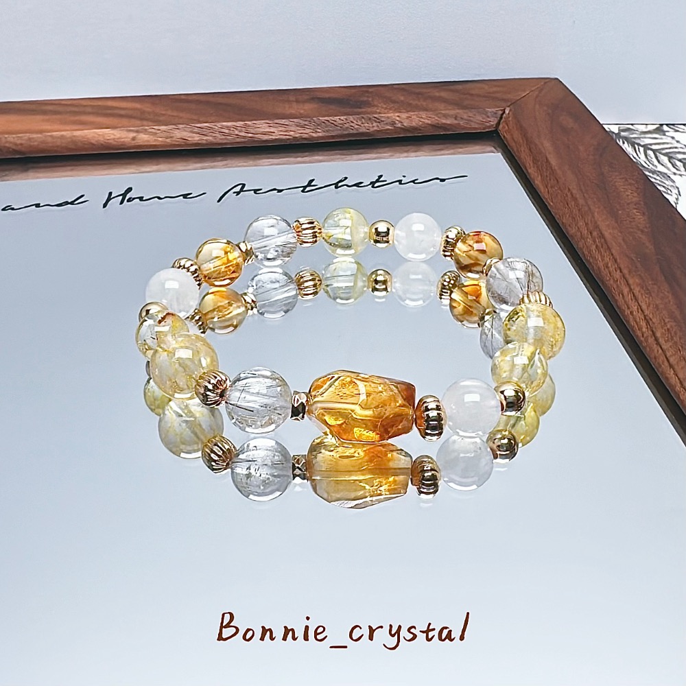 ✨✨聚光燈設計水晶手鍊✨✨鑽切黃塔晶、銀髮晶、桂花托帕石、黃塔晶、白兔毛-細節圖2