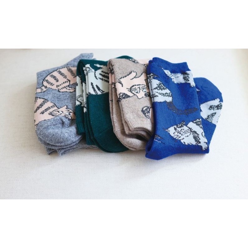 【松尾美雪 】松尾ミユキ  繪本風動物襪 小腿襪 襪子 貓咪 襪子 混紡羊毛襪 保暖 秋冬天偏厚款　禮物-細節圖2