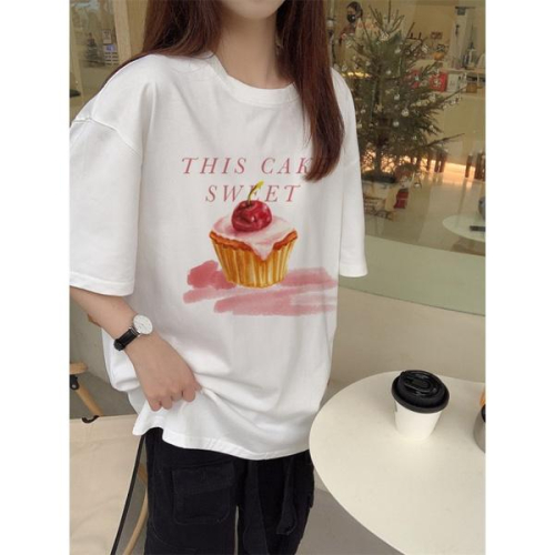 『A-bao』100%純棉 水果蛋糕印花短袖T恤女 韓版圓領寬鬆上衣 加大尺碼OVERSIZE衣服女