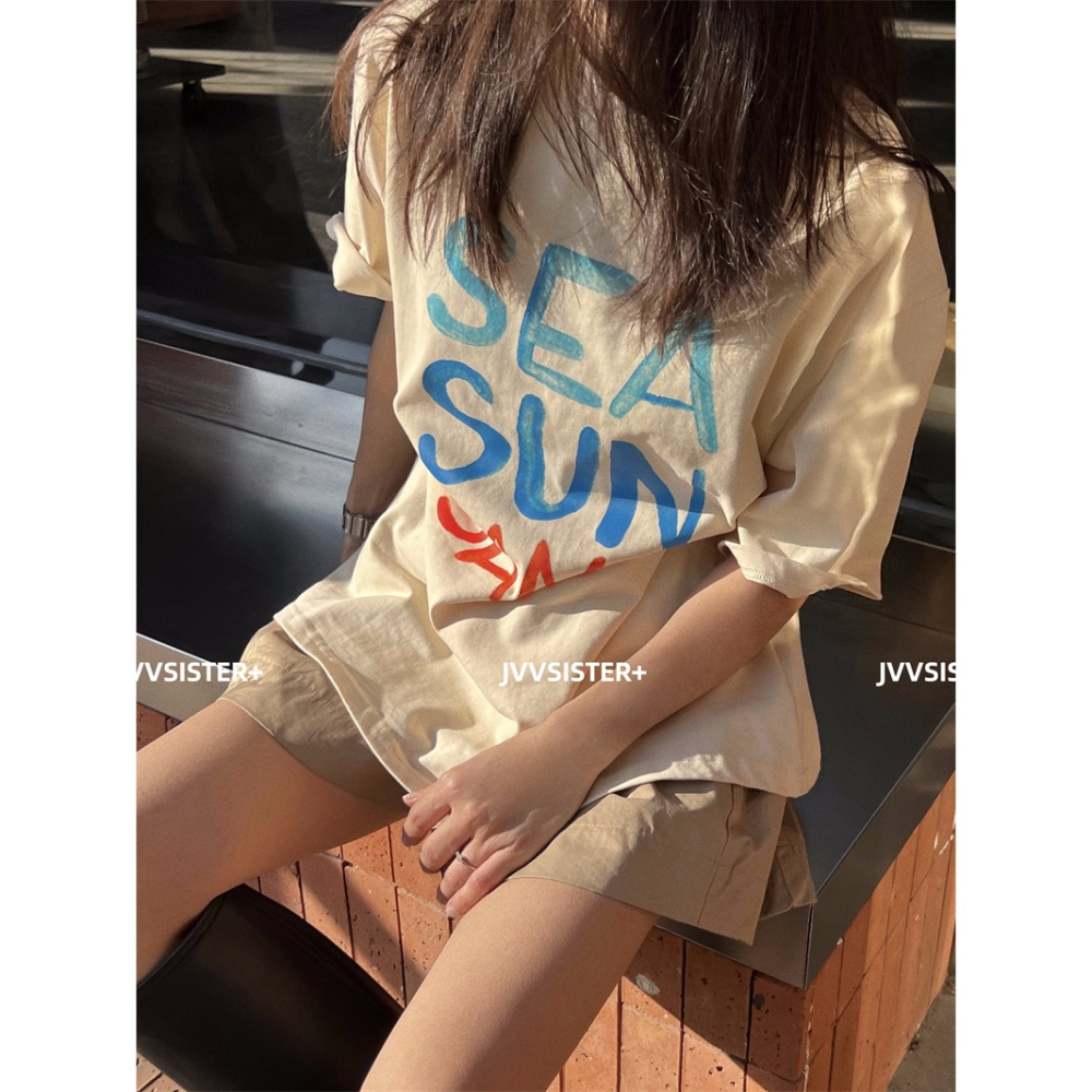 夏季新款韓版純棉後短袖T恤女 字母印花 寬鬆上衣 OVERSIZE 衣服女-細節圖2